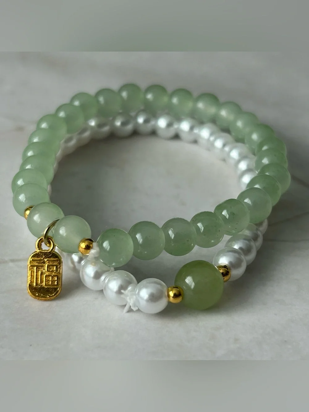Green Jade and Pearl Beaded Stretch Bracelet Set
